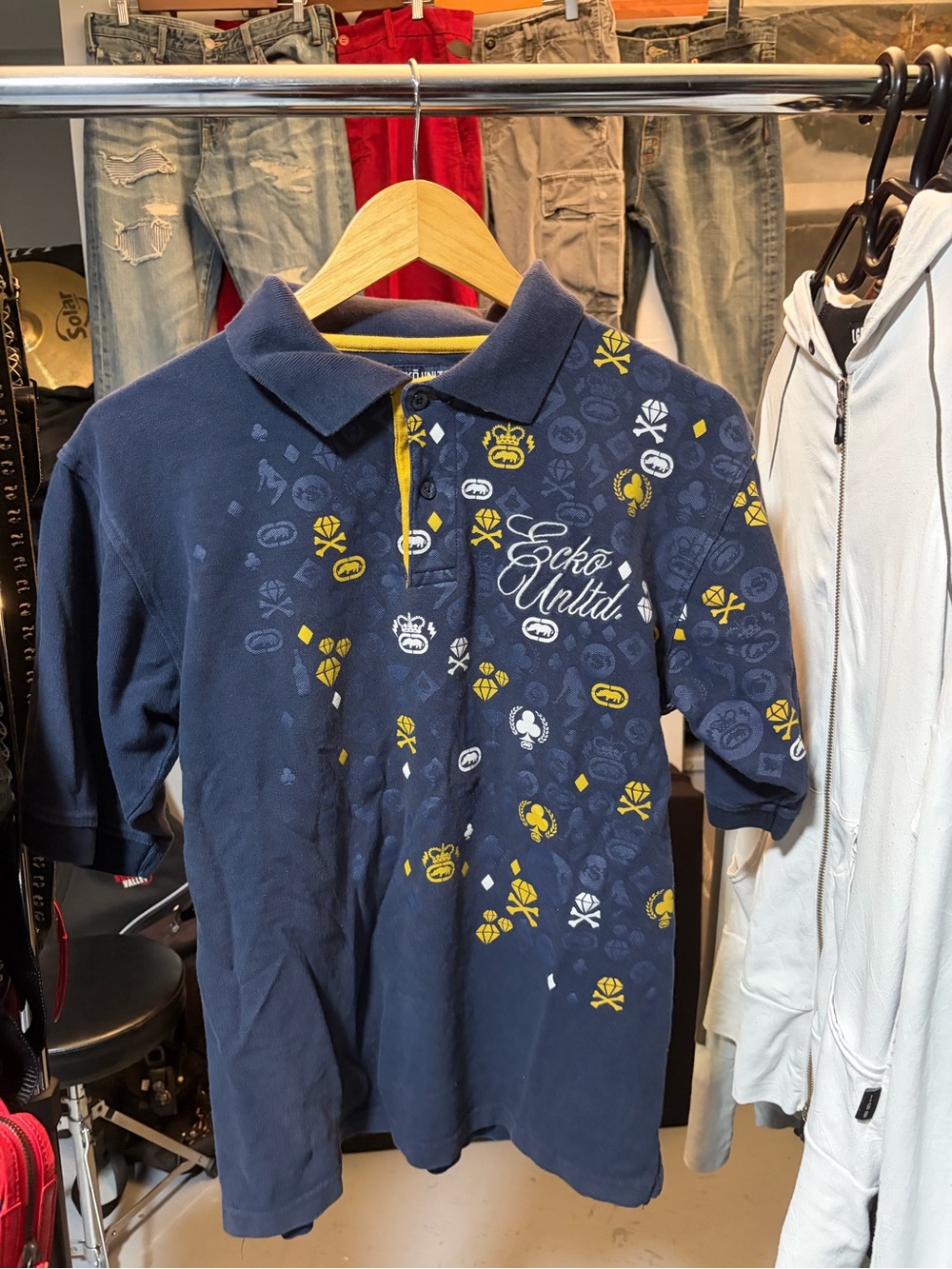 Ecko Unlimited Navy Polo with Yellow & White Graphic Accents
